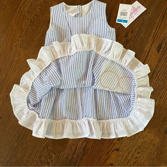NWT BONNIE BABY 2Pc. DRESS-BLOOMERS SEERSUCKER BLUE/WHT STRIPE - Picture 2 of 8